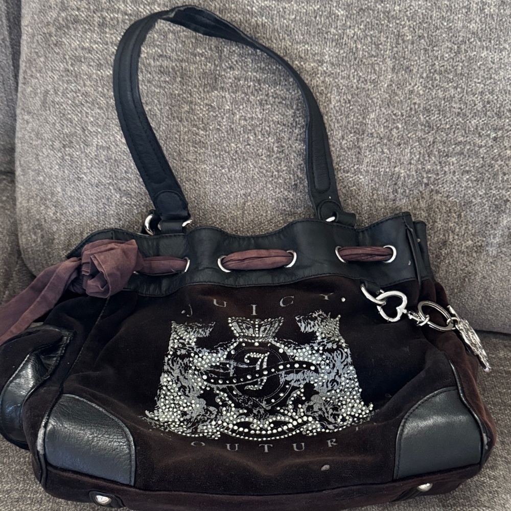 Vintage velvet Juicy Couture Daydreamer Black and Dark Brown Shoulder Bag - Picture 1 of 15